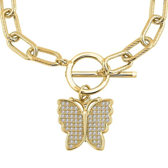 CZ Diamond and Austrian Crystal Butterfly Charm Bracelet/Earrings in Goldtone - Picture 2 of 5